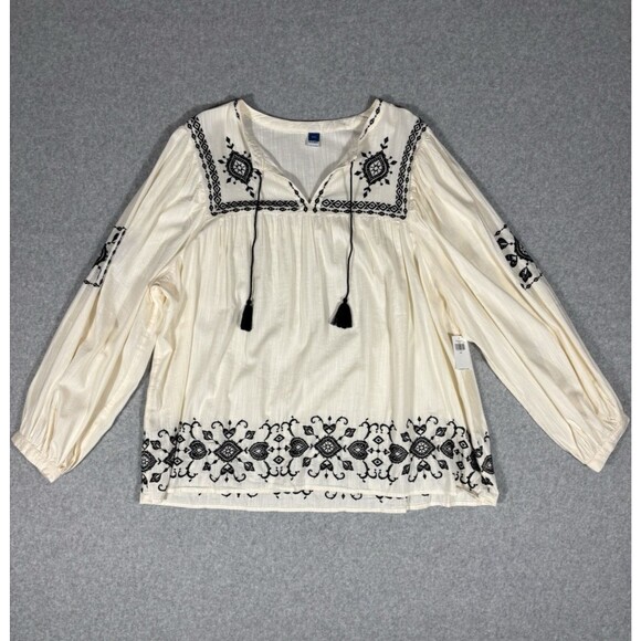 Old Navy Embroidered Boho Peasant Tunic Cream and Black Relaxed Flowy Size XXL - Picture 1 of 8